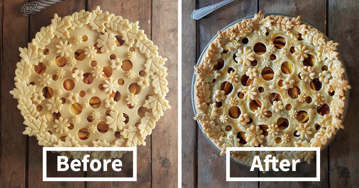 Esta cozinheira mostra as fotos do antes e depois de suas crostas de torta impressionantes