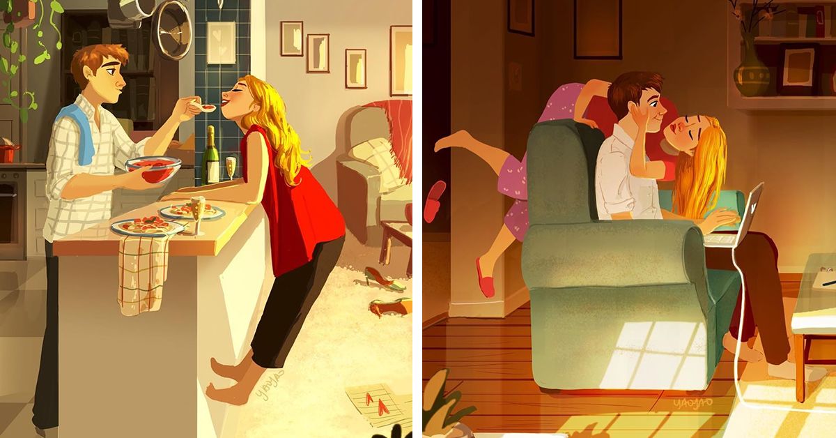 Ilustrações encantadoras capturam os momentos íntimos de um casal apaixonado