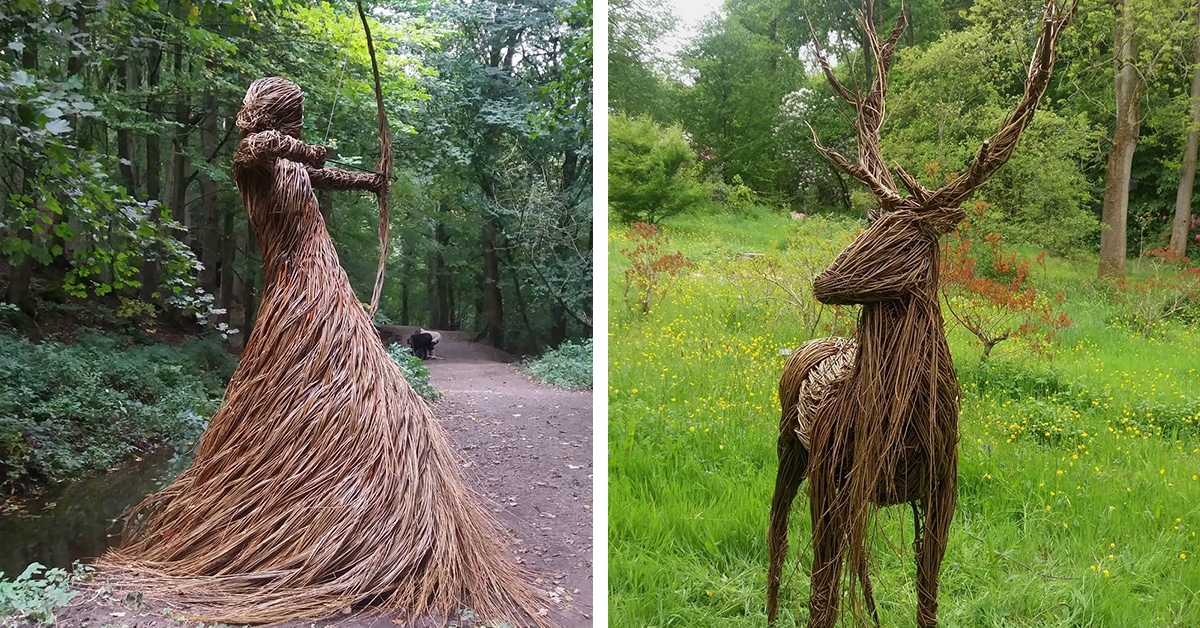 Artista preenche floresta com esculturas em tamanho real feitas de hastes de salgueiro