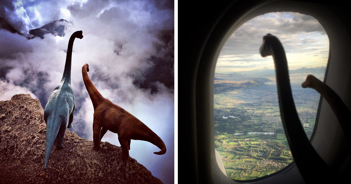 Fotos de viagens ficam melhores num instante com brinquedos de dinossauro