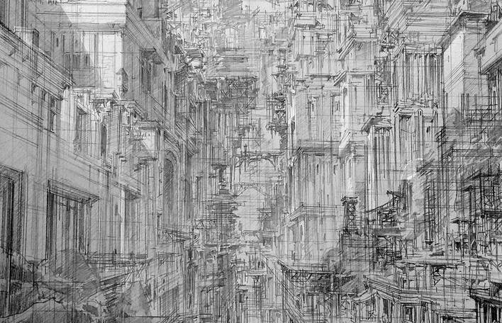 Ilustrações fantasmagóricas de cidades infinitas
