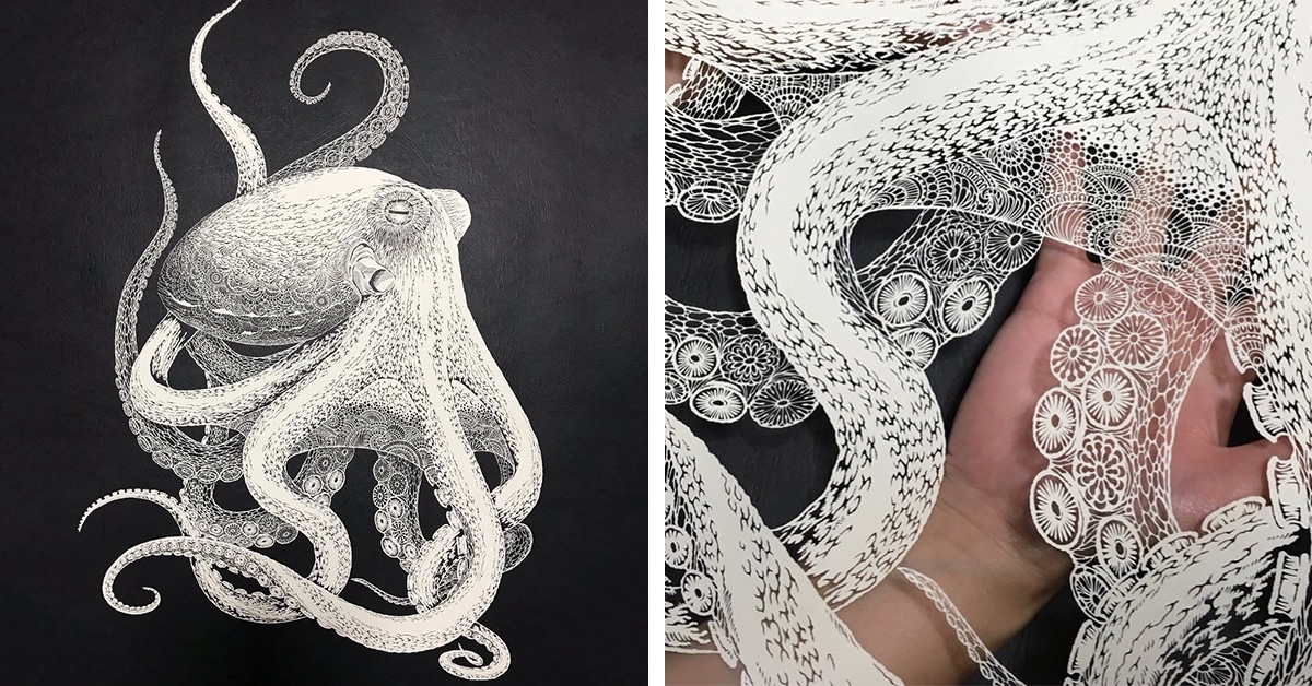 Artista japonês faz recorte à mão muito intricado de polvo com apenas uma folha de papel