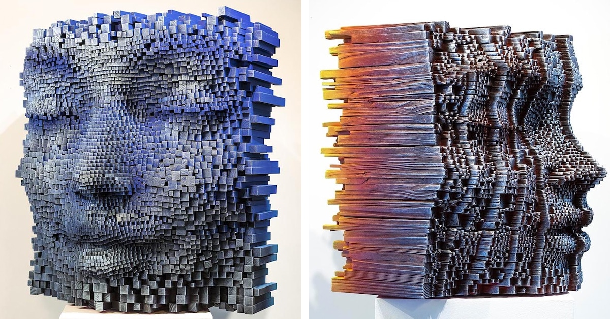 Esculturas de madeira coloridas pixeladas revelam complexidades do espírito humano