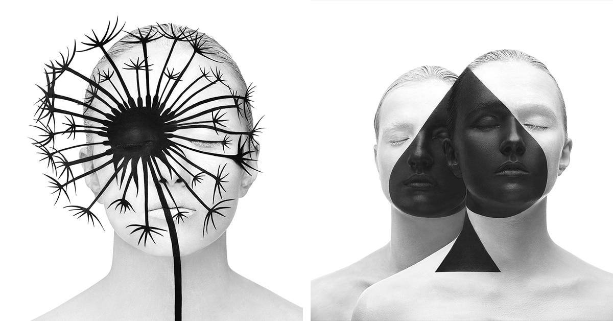 Maquiagem em preto e branco transforma rostos humanos em objetos estranhamente familiares