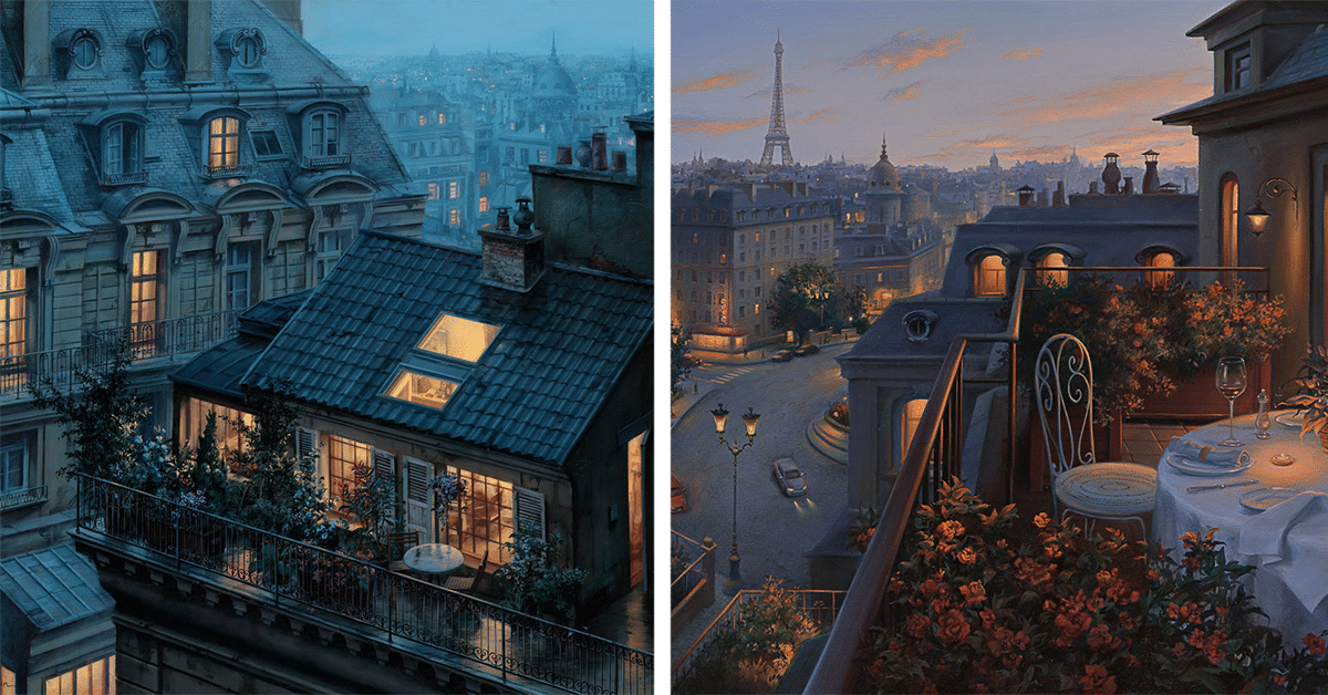 Pinturas encantadoras capturam os telhados cintilantes de Paris no crepúsculo