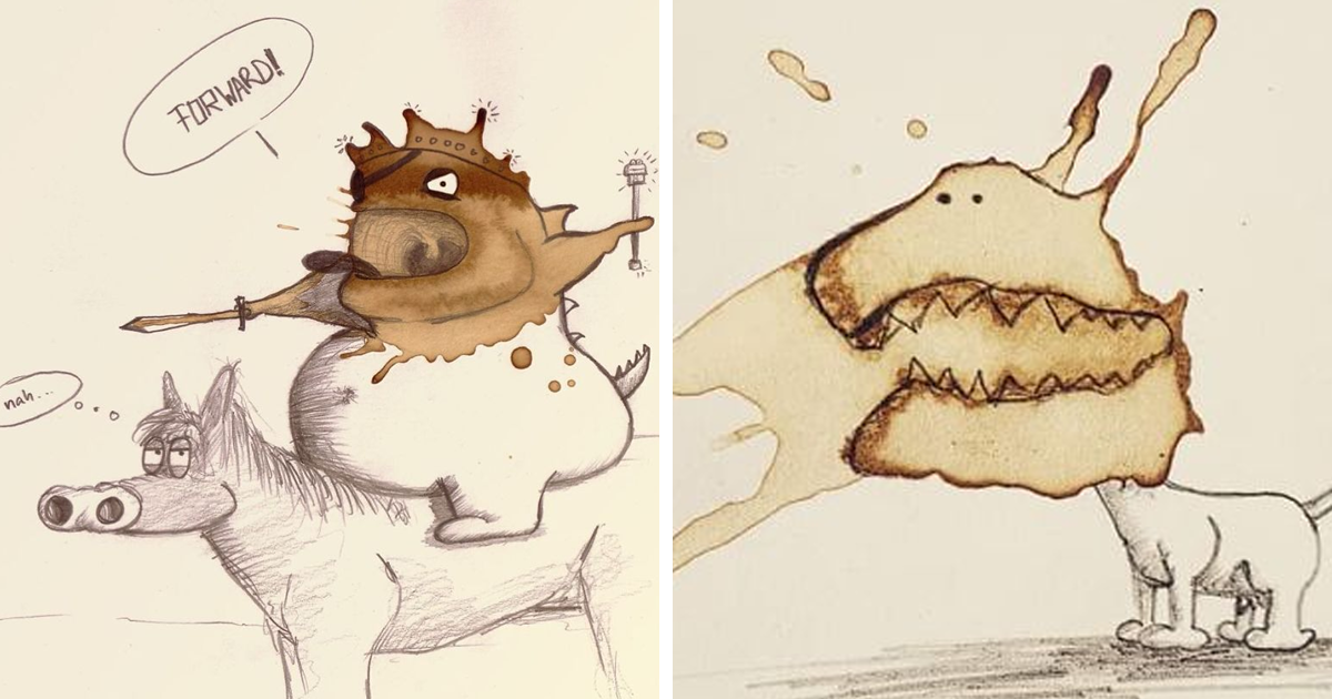 Ilustrador imagina manchas de café derramado como monstros engraçados e fantásticos