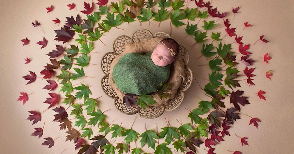 Fotos encantadoras de recém-nascidos no centro de mandalas artesanais