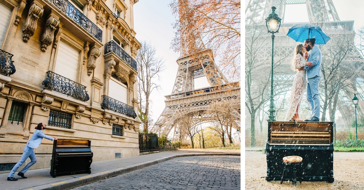 Rapaz empurra piano por Paris para fazer as fotos de casamento mais românticas de todas