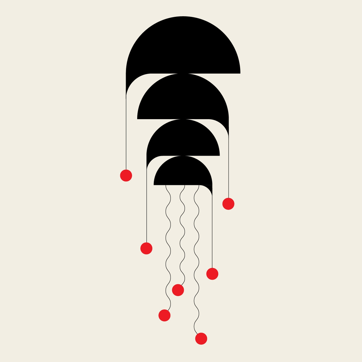 Ilustrações em preto e vermelho combinam formas geométricas em aranhas, medusas e pássaros