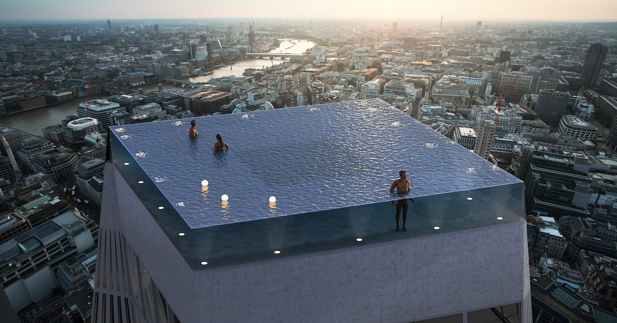 A primeira piscina com borda infinita de 360 graus em breve vai pairar nos ares de Londres