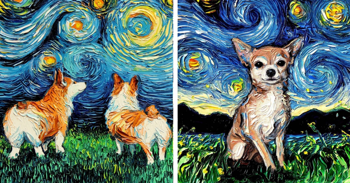 Artista reimagina “A Noite Estrelada” de Van Gogh com cães adoráveis