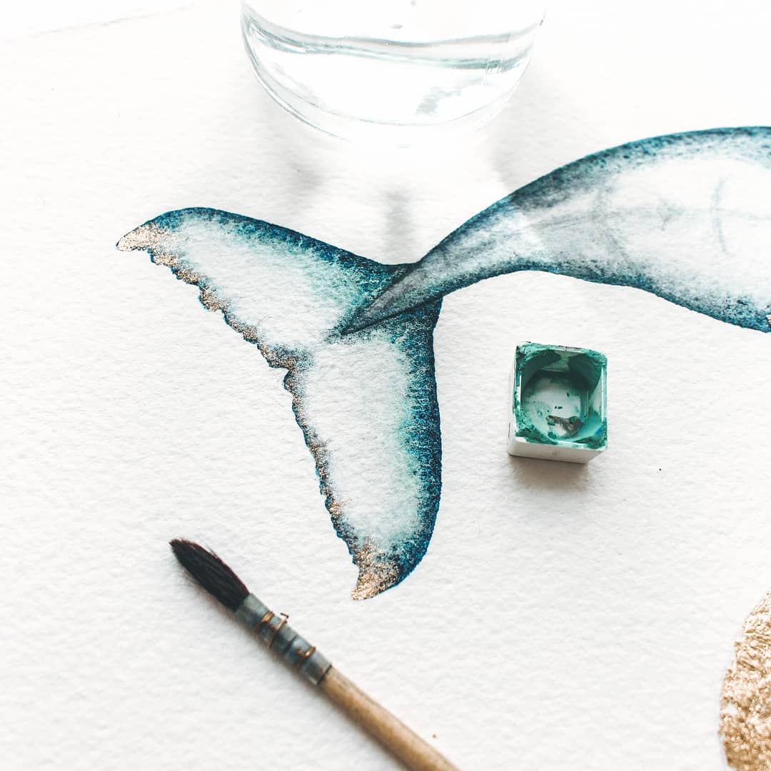 Pinturas de baleias em aquarela encantadoras capturam a magia da vida no oceano