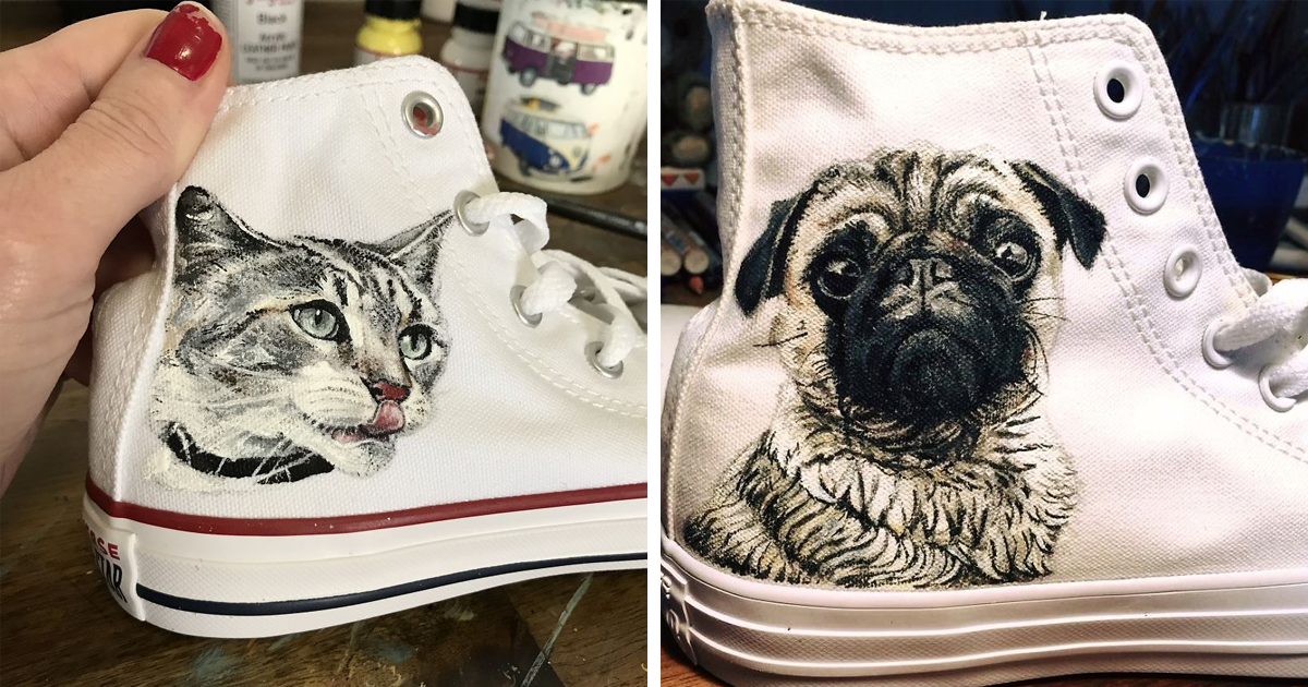 Artista cria presentes originais para donos de pets pintando retratos dos animais em calçados