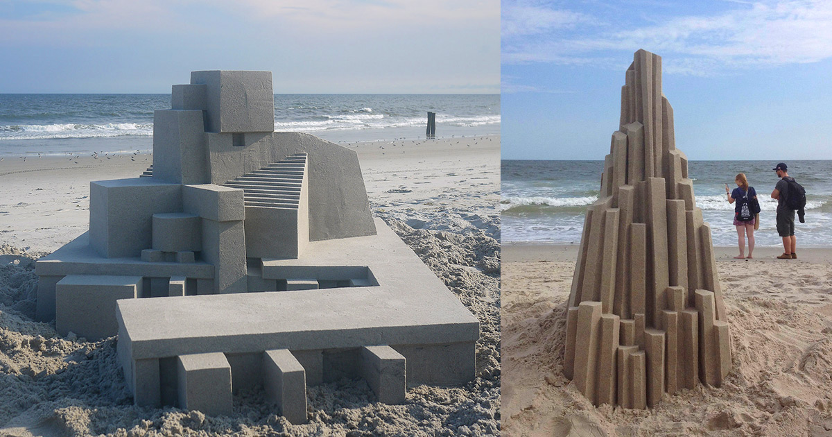 Escultor profissional constrói vários castelos de areia modernistas nas praias
