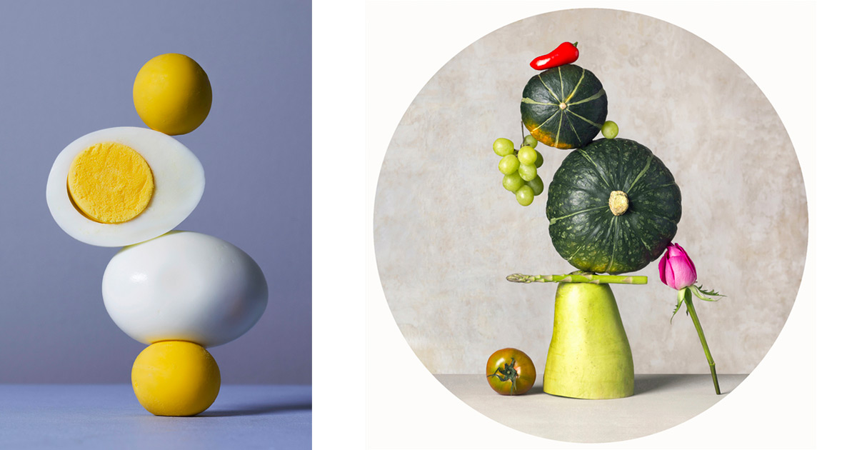 Flores, frutas e legumes são empilhados e equilibrados nas composições deste artista coreano