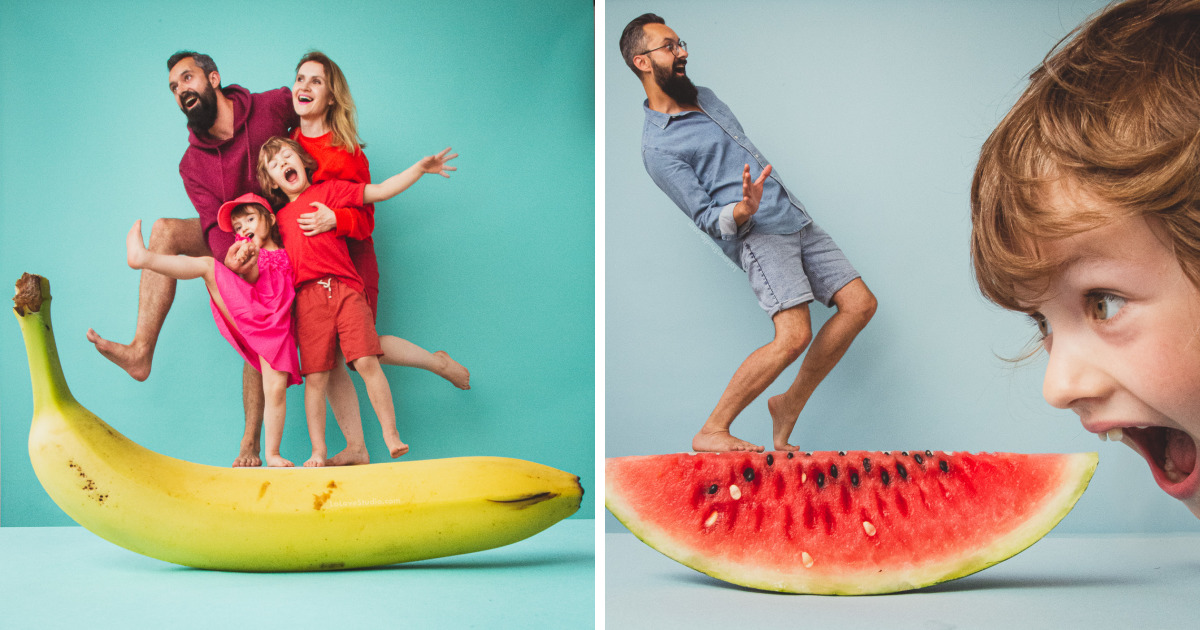 Série divertida de família com frutas tropicais gigantes (sem Photoshop)