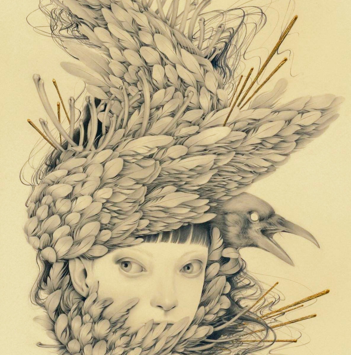 Artista japonesa combina misteriosamente retratos meticulosos de mulheres jovens com plantas e penas