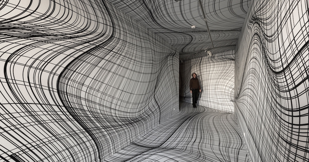 Artista transforma salas comuns em ilusões de ótica hipnóticas com linhas repetidas