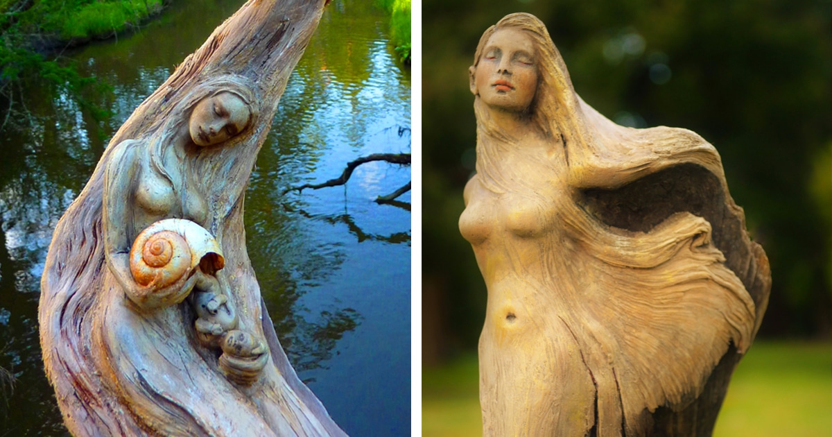 Figuras fantásticas emergem de peças esculpidas à mão a partir de troncos encontrados