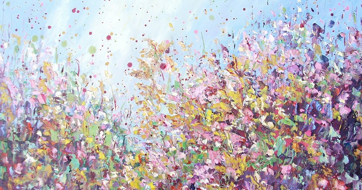 Pinturas de paisagens em camadas espessas são uma fuga dos sonhos para campos táteis de flores