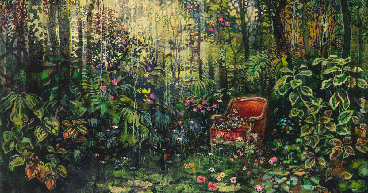 Pinturas oníricas que imaginam florestas repletas de ornamentos domésticos