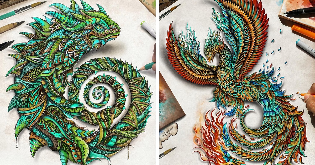 Estas criaturas majestosas desenhadas em padrões coloridos parecem estar saindo do papel