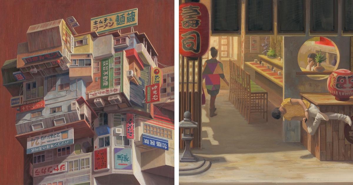 Pinturas reinventam grandes metrópoles como cidades surreais de pernas para o ar e viradas de lado