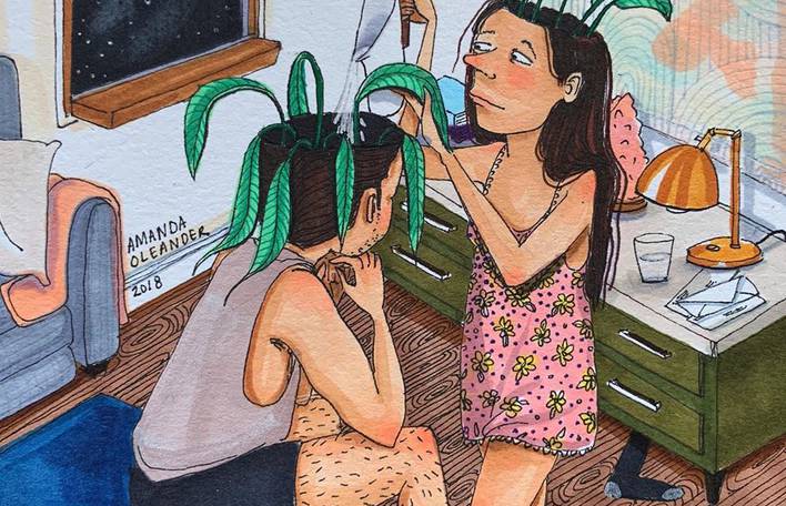 Ilustrações coloridas e com traços infantis que ilustram delicadamente a intimidade da vida de um casal