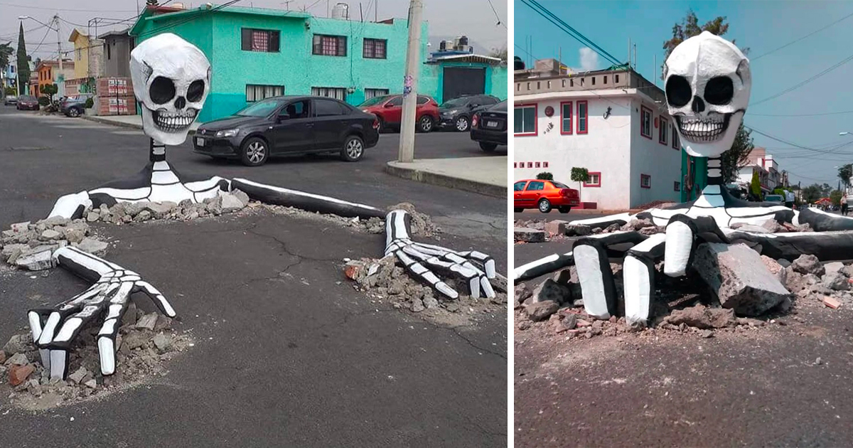 Esqueleto enorme emerge de rua mexicana para o Día de los Muertos