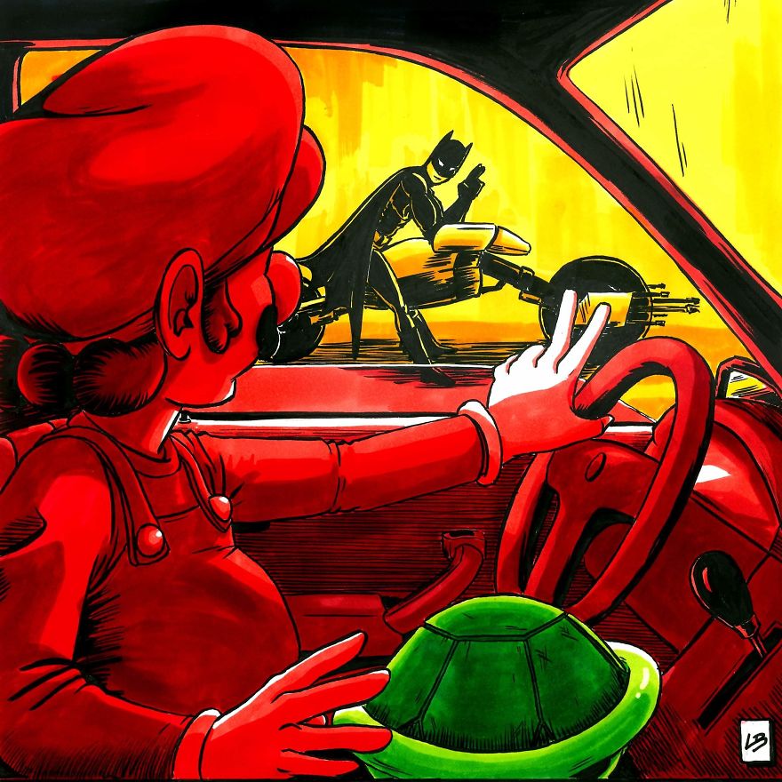12 Ilustrações Do Mario Kart Disputando Corrida Contra Personagens De Outros Universos